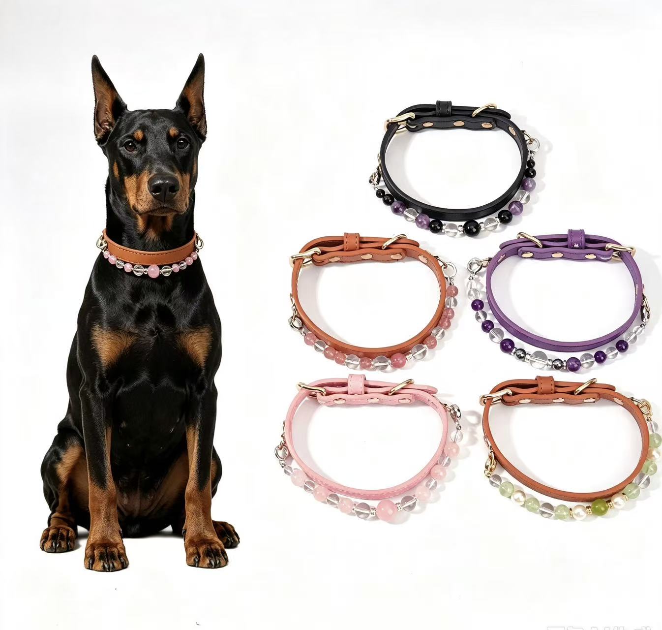 New Healing Crystal Pet Collar - Natural crystal beads, adjustable size